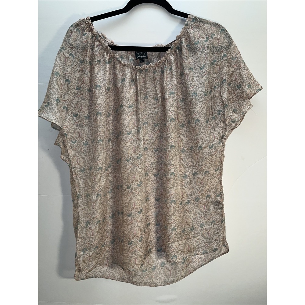 Ella Moss Sheer Silk Blouse Peach Floral Butterfly Short Sleeve Elastic Neck S